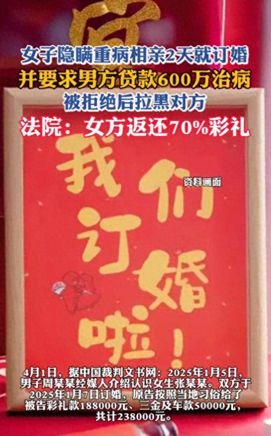 皇冠信用网登2代理申_女子隐瞒重病相亲2天就订婚皇冠信用网登2代理申，并要求男方贷款600万治病，被拒绝后拉黑对方，法院：女方返还70%彩礼